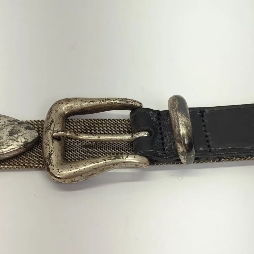 Vintage Women's Black Leather‎ Metal Mesh Silver Buckle 9755 Size Small